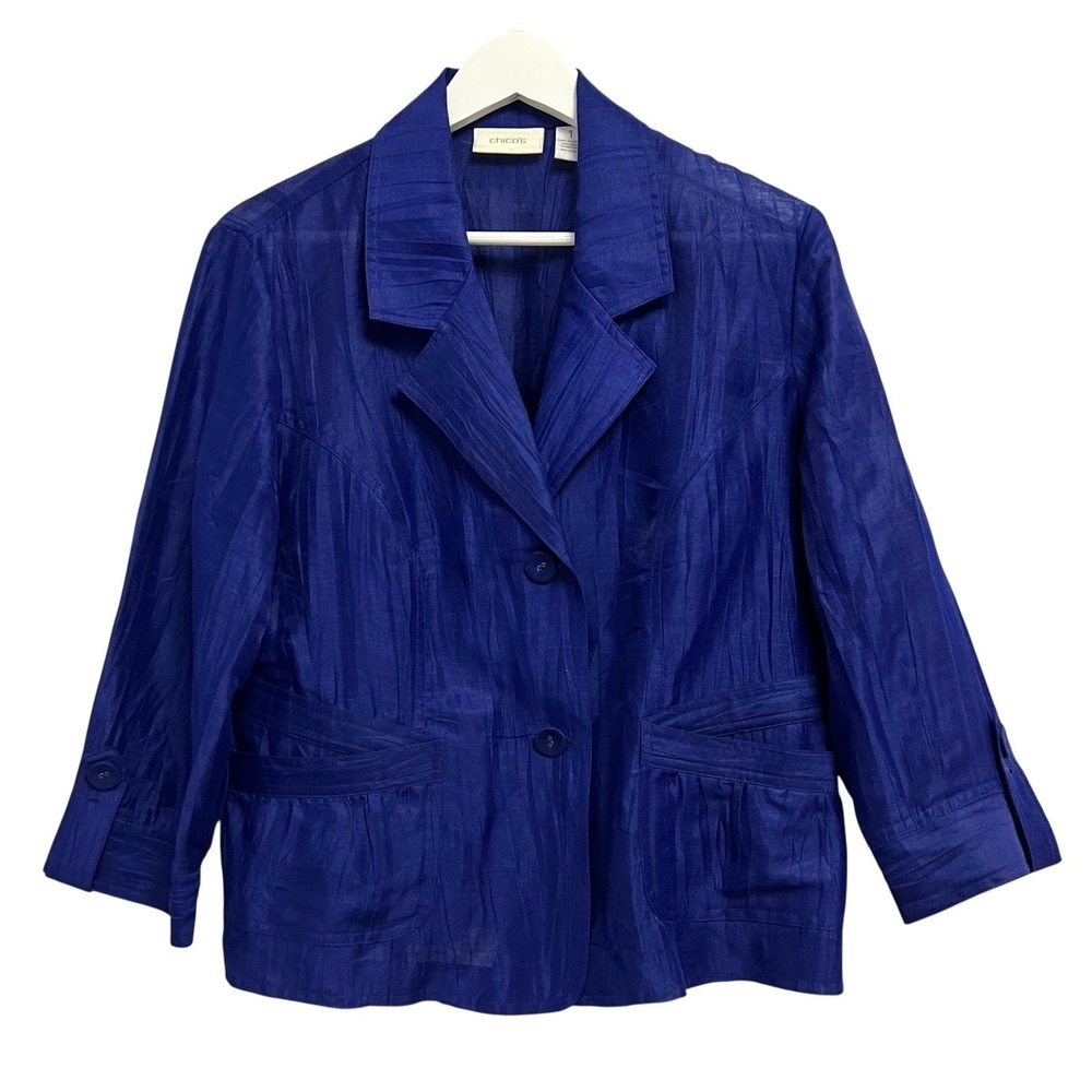 Chico's Blazer Womens 1 (M)‎ Blue Crinkle Textured 2 Button Notch Collar Jacket